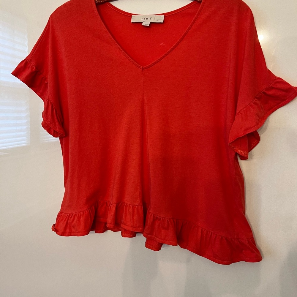 LOFT Women's Red Ruffle Hem Top
